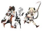  1girl aak_(arknights) animal_ears arknights bangs black_hair blonde_hair cat_ears choker coat dress earrings eyebrows_visible_through_hair horns ifrit_(arknights) jacket jewelry long_sleeves mephisto_(arknights) multiple_boys open_clothes open_coat open_mouth orange_tunic short_hair shorts simple_background smile tail twintails weapon white_coat yellow_sclera yuyanshu13 