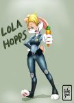  2017 3_toes 4_fingers anthro belt blonde_hair blue_eyes carrot_pen clothed clothing crossover disney female fingers green_background hair hand_on_hip head_tilt holding_object judy_hopps lagomorph leporid lola_bunny looney_tunes mammal pink_nose police_uniform rabbit simple_background slim solo space_jam surge-spark text toes uniform warner_brothers zootopia 