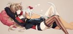  2girls amazuki_jou animal_ear_fluff animal_ears asymmetrical_footwear azur_lane body_markings bodypaint cat_ears cat_girl cat_tail closed_eyes dark_skin facial_mark forehead_mark gloves half_gloves highres jean_bart_(azur_lane) light_brown_hair massachusetts_(azur_lane) micro_shorts multiple_girls native_american off_shoulder ponytail red_eyes shorts single_knee_boot tail white_hair yuri 