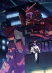  1boy 85neko absurdres arm_support black_boots blue_hair blurry blurry_background boots building colony_interior commentary_request elbow_rest floating_hair glowing glowing_eyes gundam gundam_gquuuuuux highres long_sleeves mecha mecha_focus mobile_suit night non-humanoid_robot on_head on_rooftop pants purple_eyes red_eyes red_gundam robot roundel science_fiction shirt short_hair shuji_ito sitting upper_body v-fin white_pants white_shirt zeon 