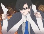  1boy 2girls black_eyes black_hair black_jacket blue_archive blue_necktie bow_(bhp) collared_shirt commentary_request hikari_(blue_archive) jacket looking_at_viewer male_focus multiple_girls necktie no_shoes nozomi_(blue_archive) open_mouth pantyhose sensei_(blue_archive) sensei_(blue_archive_the_animation) shirt short_hair siblings sisters solo_focus suit toe_sucking upper_body white_pantyhose white_shirt 