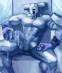 1_eye abs armor balls biceps bodily_fluids claws cum digital_drawing_(artwork) digital_media_(artwork) erection finger_claws foreskin genital_fluids genitals headgear helmet hi_res humanoid_genitalia humanoid_penis kartinos looking_at_viewer male mithrix navel not_furry pecs penis ring risk_of_rain sitting solo