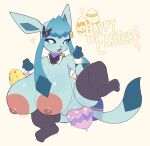 anthro areola big_breasts blue_body bow_tie breasts breasts_bigger_than_head clothing easter easter_egg eeveelution egg egg_from_pussy female generation_4_pokemon genitals gesture glaceon goldenyuusha hand_gesture hi_res holidays huge_breasts huge_penetration legwear nintendo nipples oviposition paws penetration pink_areola pink_nipples pink_pussy pokemon pokemon_(species) pussy ribbons short_stack solo spread_legs spreading stockings thick_thighs v_sign