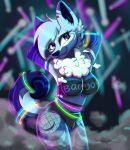 2025 absurd_res anthro bottomwear breasts bulge canid canine clothed clothing cloud cloud_puff_(oc) english_text fishnet_clothing fox glowstick hair hands_behind_head hi_res hotpants inside intersex looking_away mammal portrait purple_eyes raised_tail rave shaded short_hair shorts smile solo standing strawberrywolv tail text three-quarter_portrait toony
