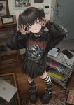  1girl absurdres apple_inc. banknote black_boots black_collar black_hair black_hoodie black_nails black_shirt black_skirt boots box cellphone clock clothes_writing collar computer door doorknob drawer ear_piercing earrings fragile_symbol full_body gishiki_(gshk) grin handheld_game_console hands_up highres hood hoodie horizontal-striped_socks intercom jewelry laptop looking_at_viewer macintosh medium_hair money nintendo nintendo_3ds original paw_pose pentagram phone piercing poster_(object) rug shirt single_sock skirt small_sweatdrop smartphone smile socks solo spiked_collar spikes standing striped_clothes striped_socks tanaka_kyouko teeth two_side_up wide_sleeves yellow_eyes 