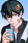  1boy ball black_hair black_jacket blue_eyes blueberry closed_mouth commentary crew_neck crown drinking_straw drinking_straw_in_mouth food fruit gakuran haikyuu!! hair_between_eyes holding holding_juice_box jacket juice_box kageyama_tobio looking_to_the_side male_focus open_collar oretsuu popped_collar school_uniform shirt short_hair sideways_glance solo star_(symbol) sticker sticker_on_face twitter_username upper_body volleyball_(object) white_shirt 