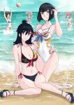  5girls absurdres ball beach beachball bikini black_bikini black_hair black_sandals blonde_hair blue_bikini blue_eyes blue_nails blush bob_cut breasts brown_eyes brown_hair cloud commentary covered_navel drill_hair drill_ponytail eyepatch hair_between_eyes hair_bun hand_on_another&#039;s_hip hand_on_another&#039;s_shoulder hand_on_own_head harime_nui high_heels highres jakuzure_nonon jumping junketsu kill_la_kill kiryuuin_satsuki kneeling knees_together_feet_apart large_breasts long_hair looking_at_another looking_at_object looking_at_viewer mankanshoku_mako matoi_ryuuko medium_breasts medium_hair multiple_girls navel ocean official_alternate_hair_length official_alternate_hairstyle on_ground one-piece_swimsuit pink_eyes pink_hair pink_one-piece_swimsuit ponytail red_nails sand sandals senketsu short_hair shy sidelocks single_hair_bun sitting smile swimsuit vemonosuke wet white_one-piece_swimsuit 