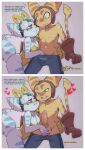 anthro ball_fondling balls biped blue_body blue_eyes blush bottomwear breasts clothed clothing duo eyelashes female fondling fur genitals gloves green_eyes handwear heart_symbol hi_res lombax male male/female mammal mcfli orange_body pants penis pupils ratchet_(ratchet_and_clank) ratchet_and_clank rivet_(ratchet_and_clank) smile sony_corporation sony_interactive_entertainment thick_thighs yellow_clothing