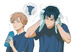  2boys 8k_oxo7410 animal bandaged_fingers bandages black_hair blue_shirt blush bottle brown_eyes brown_hair closed_mouth crew_neck dog goshiki_tsutomu haikyuu!! highres holding holding_bottle holding_towel image_in_thought_bubble male_focus motion_lines multiple_boys one_eye_closed shirabu_kenjirou shirt short_hair short_sleeves simple_background speech_bubble sweat t-shirt thought_bubble towel upper_body wet wet_hair white_background 