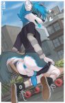 absurd_res anthro anus artist balls blue_anus blue_insides blue_mouth blue_pawpads blue_penis blue_tongue butt canid canine canis city clothing cnot footwear genitals hi_res male mammal moito pawpads penis public public_exposure shoes skate_park skateboard solo street tail tongue unusual_insides vehicle wolf