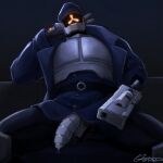 1:1 bandit_(risk_of_rain) clothing digital_drawing_(artwork) digital_media_(artwork) genitals gun_arm hi_res jacket kartinos looking_at_viewer low-angle_view machine male not_furry penis penis_poking_out penis_through_fly risk_of_rain robot sitting solo topwear