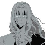  1boy basil_hawkins commentary facial_mark frilled_shirt frills greyscale highres long_hair looking_at_viewer male_focus mecuru_mecu monochrome one_piece shirt simple_background smile solo sweatdrop upper_body 