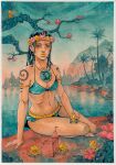  1girl 5others absurdres araki_hirohiko_(style) arm_tattoo bikini black_hair blue_bikini border breasts dark-skinned_female dark_skin dragona_joestar dreadlocks flower gold_belt green_eyes hair_flower hair_ornament highres jojo_no_kimyou_na_bouken medium_breasts multiple_others on_floor painting_(medium) pin sand_castle sand_sculpture sitting smooth_operators stand_(jojo) swimsuit tattoo the_jojolands traditional_media watercolor_(medium) white_border xfkart 