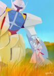  1girl blue_sky braid brown_hair clear_sky commentary_request day dress gundam hand_on_headwear hat highres looking_down low_twin_braids mecha mobile_suit mountain outdoors robot science_fiction sky sochie_heim standing sun_hat three-quarter_sleeves turn_a_gundam turn_a_gundam_(mobile_suit) twin_braids twitter_username wheat_field white_dress white_hat yatta_kita 