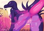2025 absurd_res anthro anus areola artist_name bent_over black_body black_tail bodily_fluids breasts butt dialogue digital_media_(artwork) dripping english_text female female_anthro generation_7_pokemon genital_fluids genitals grass hi_res hypnotic_eyes looking_at_viewer looking_back looking_back_at_viewer multicolored_body multicolored_tail nintendo nipples nude nude_anthro nude_female outdoor_nudity outside pheromones pink_anus pink_areola pink_body pink_breasts pink_nipples pink_pussy pink_tail plant pokemon pokemon_(species) pokemorph presenting presenting_hindquarters pupils purple_body pussy pussy_juice_drip pussy_juice_string raised_tail rear_view salazzle shen_hokori side_boob signature slit_pupils smile solo tail talking_to_viewer text vaginal_fluids