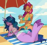 2025 5_fingers absurd_res anthro anthrofied beach beach_towel beach_umbrella big_breasts big_butt bikini blue_bikini blue_clothing blue_mane blue_sky blue_swimwear blue_tail braided_mane breasts bubble_butt butt clothed clothing curvy_figure day digital_drawing_(artwork) digital_media_(artwork) duo earth_pony equid equine eyelashes female fingers fluffy fluffy_tail fur hasbro hi_res hooves horn horse hourglass_figure izzy_moonbow_(mlp) long_mane long_tail lying mammal mane mlp_g5 my_little_pony mythological_creature mythological_equine mythology navel on_front open_mouth open_smile orange_body orange_fur outside parasol pink_eyes pony purple_body purple_fur purple_mane sea seaside side-tie_bikini skimpy skimpy_bikini sky small_waist smile string_bikini sunbathing sunny_starscout_(mlp) sunscreen swimwear tail teal_eyes thick_thighs towel two-piece_swimsuit unicorn unicorn_horn voluptuous voluptuous_anthro voluptuous_female water wide_hipped_anthro wide_hipped_female wide_hips witchpanda