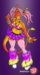 absolute_territory alien alien_humanoid angler belly belly_overhang belt big_breasts blue_eyes bottomwear bracelet breasts choker clothing countershading eyebrow_piercing facial_piercing female footwear fur_leg_warmers heart_symbol hi_res high_heels humanoid jewelry legwear lip_piercing lips long_tail looking_at_viewer makeup markings miniskirt necklace non-mammal_breasts nose_piercing piercing pigtails pleated_skirt predaguy pseudo_hair rave red_body science_fiction shoes skirt star_bikini star_clothing straps striped_body striped_markings striped_tail striped_tentacles stripes succubus tail tail_markings tentacle_hair tentacles thick_lips thick_thighs thigh_highs
