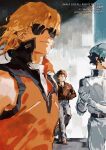  2025 3boys amuro_ray blonde_hair bodysuit brown_hair brown_jacket brown_shoes closed_mouth commentary copyright_notice green_hair grey_pants gundam hand_in_pocket high_collar highres jacket kalak_39 kamille_bidan long_sleeves male_focus mecha_pilot_suit multiple_boys normal_suit_(gundam) pants pixiv_id quattro_bajeena red_jacket shoes short_hair sleeveless sleeveless_jacket smile spacesuit standing sunglasses symbol-only_commentary twitter_username upper_body weibo_username white_bodysuit zeta_gundam 