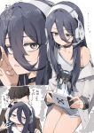  1boy 1girl absurdres bags_under_eyes black_choker black_hair black_vest breasts choker collarbone commander_(nikke) commentary epaulettes exia_(nikke) game_controller_print goddess_of_victory:_nikke grabbing_another&#039;s_ear hair_between_eyes hand_on_another&#039;s_ear handheld_game_console headphones highres holding holding_handheld_game_console jacket long_hair long_hair_between_eyes maton_3110 no_pants playing_games puff_of_air purple_eyes shirt short_hair small_breasts translation_request triangle_mouth vest white_jacket white_shirt 