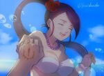  1boy 1girl alternate_costume bead_bracelet bead_necklace beads bikini blue_sky bracelet breasts cleavage closed_eyes cloud commentary_request couple dragon_quest dragon_quest_xi floating_hair flower hair_flower hair_ornament hand_tattoo hero_(dq11) hetero hibiscus high_ponytail holding_hands jewelry kimidori_(kimidoriri) large_breasts lens_flare martina_(dq11) necklace open_mouth ponytail pov purple_hair red_flower sky smile solo_focus strapless strapless_bikini swimsuit tattoo teeth twitter_username upper_body upper_teeth_only water_drop white_bikini 