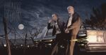 2boys bald black_jacket breaking_bad brown_jacket car chanasykine cigarette commission holding holding_cigarette jacket jesse_pinkman leaning_against_vehicle leaning_back leather leather_jacket male_focus mike_ehrmantraut moon motor_vehicle multiple_boys night old old_man own_hands_together radio shirt smoke tree watermark white_shirt 