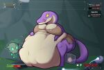 2022 after_vore anthro belly big_belly big_breasts breasts duo english_text female gameplay_mechanics gui health_bar hi_res huge_belly lemurian outside overweight risk_of_rain tachidomatte text vore