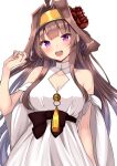  1girl absurdres ahoge brown_hair cleavage_cutout clothing_cutout double_bun dress flower gold_hairband hair_bun hair_flower hair_ornament hairband highres himura_moritaka kantai_collection kongou_(anniversary)_(kancolle) kongou_(kancolle) long_hair official_alternate_costume purple_eyes red_flower red_rose rose simple_background smile solo white_background white_dress 
