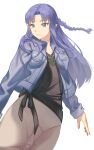  1girl absurdres black_shirt blue_hair blue_jacket braid brown_skirt casual dress emiya-san_chi_no_kyou_no_gohan fate/hollow_ataraxia fate_(series) highres jacket li_kha long_hair long_skirt long_sleeves looking_at_viewer medea_(caster)_(fate) medea_(casual)_(fate) medea_(fate) official_alternate_costume pointy_ears purple_eyes purple_hair shirt side_braid simple_background skirt smile solo white_background 