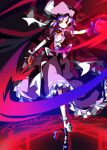  1girl alternate_color bat_wings black_background brooch dress energy_weapon frilled_dress frills glowing hat hat_ribbon holding holding_weapon jewelry looking_at_viewer m.u.g.e.n magic_circle mob_cap purple_dress purple_hair purple_shoes red_brooch red_eyes remilia_scarlet ribbon shiki_(gjmatpw) shoes short_hair touhou weapon wings wrist_cuffs zatracenie_(mugen) 