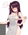  1girl alternate_costume apron azaru33 blush breasts cleavage closed_mouth collarbone commentary_request embarrassed feet_out_of_frame girls&#039;_frontline girls&#039;_frontline_2:_exilium grabbing_another&#039;s_breast groping hair_ribbon hands_on_another&#039;s_chest highres long_hair looking_at_viewer makiatto_(girls&#039;_frontline_2) medium_breasts naked_apron purple_hair red_eyes red_ribbon ribbon side_ponytail simple_background solo standing sweatdrop table wa2000_(girls&#039;_frontline) white_apron white_background 