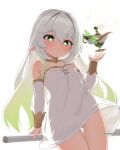  1girl a_thousand_floating_dreams_(genshin_impact) bare_shoulders blush closed_mouth commentary cosplay detached_sleeves dress flat_chest genshin_impact gold_trim gradient_hair green_eyes green_hair hair_between_eyes hand_up highres long_hair looking_at_viewer mockingeu multicolored_hair nahida_(genshin_impact) pointy_ears rukkhadevata_(genshin_impact) rukkhadevata_(genshin_impact)_(cosplay) sidelocks simple_background solo star-shaped_pupils star_(symbol) strapless strapless_dress symbol-shaped_pupils twitter_username very_long_hair white_background white_dress white_hair white_sleeves 