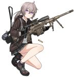  1girl ahoge backpack bag black_gloves black_necktie black_skirt bolt_action brown_hair brown_jacket cheytac_m200 closed_mouth collared_shirt commentary dwi_c ear_protection english_commentary expressionless full_body girls&#039;_frontline gloves gun highres holding holding_gun holding_weapon hood hooded_jacket jacket kneeling long_hair m200_(girls&#039;_frontline) necktie open_clothes open_jacket pleated_skirt ponytail purple_eyes purple_socks rifle scope shell_casing shirt simple_background skirt sniper_rifle socks solo two-tone_socks weapon white_background white_shirt white_socks 