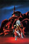  1970s_(style) 1boy black_cape boots cape char_aznable closed_mouth commentary_request epaulettes gloves gundam helmet highres horns jacket mask mecha military_uniform mobile_suit mobile_suit_gundam nebula official_art on_one_knee one-eyed ookawara_kunio pants red_eyes red_jacket red_pants retro_artstyle robot scan science_fiction shoulder_spikes single_horn smile spikes star_(sky) third-party_source white_boots white_gloves zaku_ii_s_char_custom zeon 