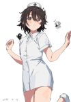  2girls black_hair blush brown_eyes camera creature dated hair_ornament hands_up hat heart heart_hair_ornament highres holding holding_camera jacket kirahoshi_aika momijiyama_teru multiple_girls nurse nurse_cap shoes short_hair short_sleeves shy_(series) simple_background solo_focus takatisakana teeth white_background white_jacket white_shoes 