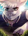 2019 anthro blue_eyes bottomless cbl_art city_destruction clothed clothing conejito day destruction detailed_background digital_drawing_(artwork) digital_media_(artwork) fingers front_view fully_clothed fur grin hair hi_res jacket lagomorph leporid macro male male_anthro mammal monotone_body monotone_fur outside rabbit shaded short_hair sky smile solo sun terra_macro topwear topwear_only white_hair