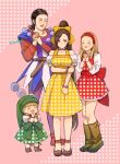  1boy 3girls alternate_costume androgynous artist_name bare_shoulders bead_bracelet bead_necklace beads blonde_hair boots bow bracelet braid breasts brown_boots brown_shoes closed_eyes collarbone commentary_request dirndl dragon_quest dragon_quest_xi dress dress_bow earrings full_body german_clothes green_bow green_dress green_hat hair_bow hair_pulled_back hairband hand_on_own_elbow hands_clasped_in_delight hat high_ponytail jewelry kimidori_(kimidoriri) large_breasts long_hair looking_down low_twin_braids martina_(dq11) medium_hair multiple_girls necklace off_shoulder official_alternate_costume open_mouth own_hands_clasped own_hands_together parted_hair pink_background polka_dot polka_dot_dress ponytail puffy_short_sleeves puffy_sleeves purple_eyes purple_hair red_bow red_dress red_hairband red_shirt senya_(dq11) shirt shirt_under_dress shoes short_sleeves shy siblings sisters smile striped_clothes stud_earrings sylvia_(dq11) tunic twin_braids twins veronica_(dq11) waist_bow white_shirt yellow_bow yellow_dress 