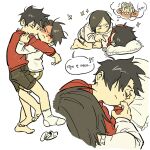  2boys aged_down barefoot black_hair black_shorts blush cheek-to-cheek closed_eyes closed_mouth commentary_request embarrassed frown fv19824 haikyuu!! hair_over_one_eye hand_on_own_face heads_together highres image_in_thought_bubble korean_commentary korean_text kozume_kenma kuroo_tetsurou long_sleeves lying male_focus multiple_boys multiple_views nervous_sweating on_side one_eye_covered open_mouth parted_bangs pillow red_shirt shirt short_hair shorts simple_background single_sock sleeping socks speech_bubble sweat thought_bubble translation_request white_background white_shirt white_socks 