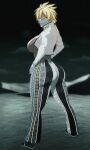  1girl absurdres alternate_costume ass astrovspark bell-bottoms bleach blonde_hair breasts commentary dark-skinned_female dark_skin english_commentary forbidden_pants full_body highres huge_ass jacket large_breasts mask meme_attire multicolored_pants pants print_pants sideboob solo standing tier_harribel white_jacket 