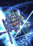  beam_cannon commentary dodging energy_cannon flying glowing glowing_eyes green_eyes gundam gundam_calibarn gundam_suisei_no_majo holding holding_cannon holding_weapon mecha mobile_suit no_humans robot science_fiction signature solo thrusters totthii0081 v-fin weapon 