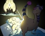 ampharos anteater anthro anus aqua_(fizzpop) bed butt duo eyes_closed female fizzpop furniture generation_2_pokemon genitals giant_anteater glowing glowing_anus glowing_genitalia hair hi_res long_snout lying male mammal markings nintendo nude on_back on_bed pilosan pokemon pokemon_(species) pussy raised_tail ring_(marking) simple_background smile snout standing standing_over tail xenarthran yellow_body