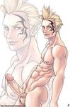  abs ass blonde_hair chest final_fantasy final_fantasy_viii huge_penis male male_focus muscle nude penis solo tattoo white_background zell_dincht 