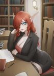  1girl black_jacket black_nails black_skirt black_thighhighs blood_elf_(warcraft) blue_eyes book bookshelf breasts cleavage closed_mouth commission elf glasses hair_over_one_eye highres jacket large_breasts long_hair office_lady on_chair pen pointy_ears red_hair red_lips second-party_source sitting skirt solo thighhighs warcraft world_of_warcraft yubaest 