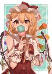  1girl adapted_costume arms_up blonde_hair blue_background commentary_request covering_mouth double_scoop eyebrows_visible_through_hair flandre_scarlet food food_background hair_between_eyes hair_ornament hairclip hat hat_ribbon highres holding holding_food ice_cream ice_cream_cone laspberry. looking_at_viewer mob_cap one_side_up partial_commentary raglan_sleeves red_eyes red_skirt red_vest ribbon shirt short_hair skirt solo standing touhou upper_body vest white_headwear white_shirt wings wrist_cuffs yellow_neckwear yellow_ribbon 