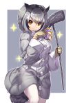  1girl bangs between_fingers bird_tail black_hair card coat eyebrows_visible_through_hair gloves gradient_hair grey_coat grey_hair hair_between_eyes highres kemono_friends long_sleeves looking_at_viewer multicolored_hair northern_white-faced_owl_(kemono_friends) orange_eyes outline pantyhose playing_card short_hair simple_background smile solo sparkle tadano_magu v-shaped_eyebrows white_legwear white_outline wide_sleeves yellow_gloves 