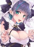  1girl :d absurdres azur_lane black_hair blue_hair blush breasts cheshire_(azur_lane) cleavage commentary_request earrings fang green_eyes grey_nails highres jewelry large_breasts maid_headdress multicolored_hair nail_polish omaru_(0marufestival) open_mouth paw_pose short_hair simple_background smile solo streaked_hair two-tone_hair upper_body white_background 