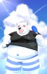  2020 absurd_res anthro belly blush bodily_fluids clothing eyes_closed fur hi_res kemono male mammal navel outside overweight overweight_anthro overweight_male polar_bear shirane_kan shirt solo sweat swimwear tongue tongue_out topwear udontarai ursid ursine utau white_body white_fur 