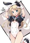  1girl :d adapted_costume animal_ears bare_legs black_footwear blonde_hair blue_eyes blue_sailor_collar blush bunny_ears bunny_pose bunnysuit dated eyebrows_visible_through_hair fake_animal_ears gloves jervis_(kantai_collection) kantai_collection leotard long_hair odawara_hakone open_mouth sailor_collar shoes short_sleeves smile solo twitter_username white_gloves white_leotard 