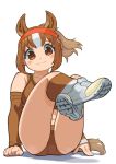  1girl animal_ear_fluff animal_ears bridle brown_buruma brown_eyes brown_hair brown_sports_bra chestnut_thoroughbred_(kemono_friends) commentary_request detached_sleeves extra_ears eyebrows_visible_through_hair full_body highres horse_ears horse_tail kemono_friends looking_at_viewer multicolored_hair ponytail rinx short_hair simple_background sitting smile solo sports_bra tail two-tone_hair white_background white_hair 