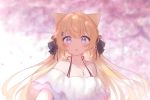  1girl :o animal_ears bare_shoulders bell blonde_hair blurry blurry_background cat_ears collarbone guo582 hair_ornament hair_ribbon hairclip halterneck hanazono_serena hanazono_serena_(channel) highres jewelry jingle_bell long_hair looking_at_viewer necklace off-shoulder_shirt off_shoulder open_mouth purple_eyes ribbon shirt solo tareme upper_body virtual_youtuber white_shirt 