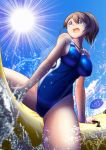  1girl artist_logo banana_boat blue_eyes blue_sky blue_swimsuit breasts brown_hair cameltoe commentary_request competition_swimsuit cowboy_shot dated intrepid_(kantai_collection) kantai_collection large_breasts mokerou one-piece_swimsuit open_mouth ponytail riding short_hair sky solo splashing sun swimsuit water 